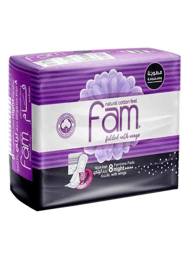 Fam Natural Cotton Feel Feminine Napkin Pads Folded with Wings -  Night 8 Pads  - Image 1
