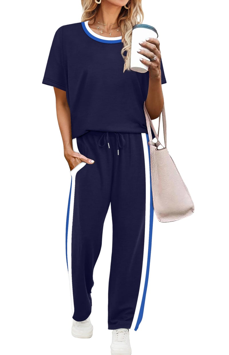 WIHOLL Lounge Sets for Women 2 Piece Spring Clothing 2026 Summer Outfits Fashion Cute Business Casual Short Sleeve Tops Shirts Vacation Travel Cruise Navy Blue S - Image 1