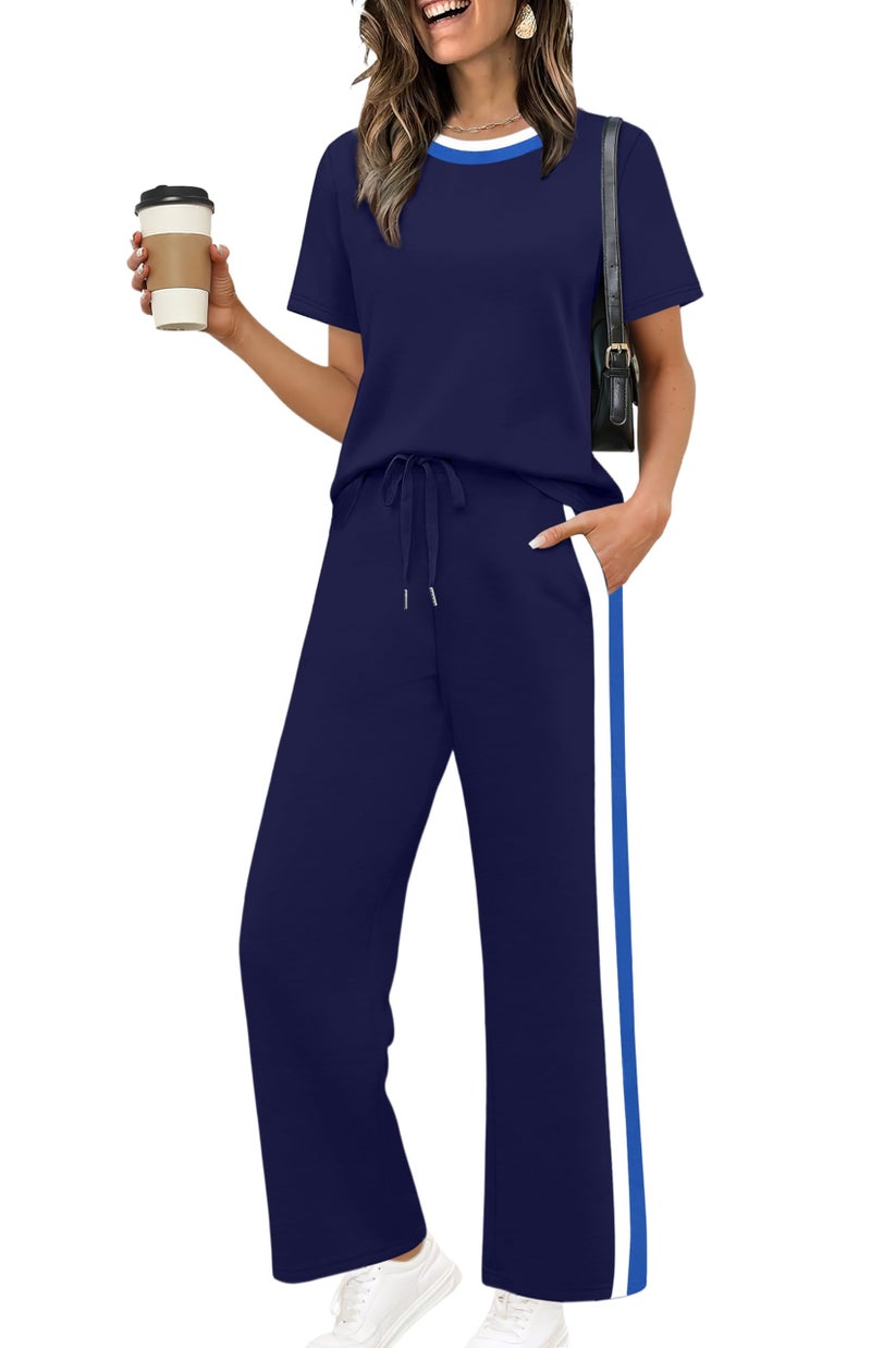 WIHOLL Lounge Sets for Women 2 Piece Spring Clothing 2026 Summer Outfits Fashion Cute Business Casual Short Sleeve Tops Shirts Vacation Travel Cruise Navy Blue S - Image 2