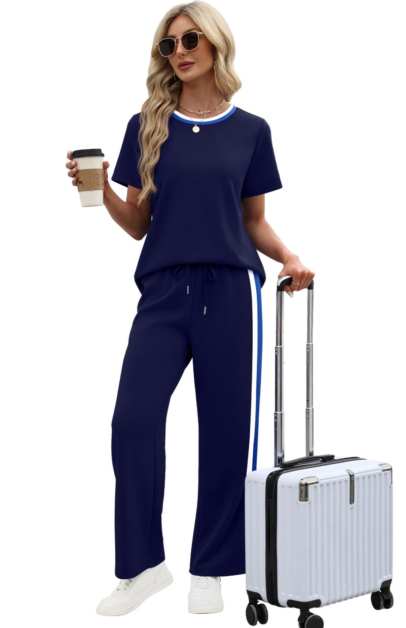 WIHOLL Lounge Sets for Women 2 Piece Spring Clothing 2026 Summer Outfits Fashion Cute Business Casual Short Sleeve Tops Shirts Vacation Travel Cruise Navy Blue S - Image 3