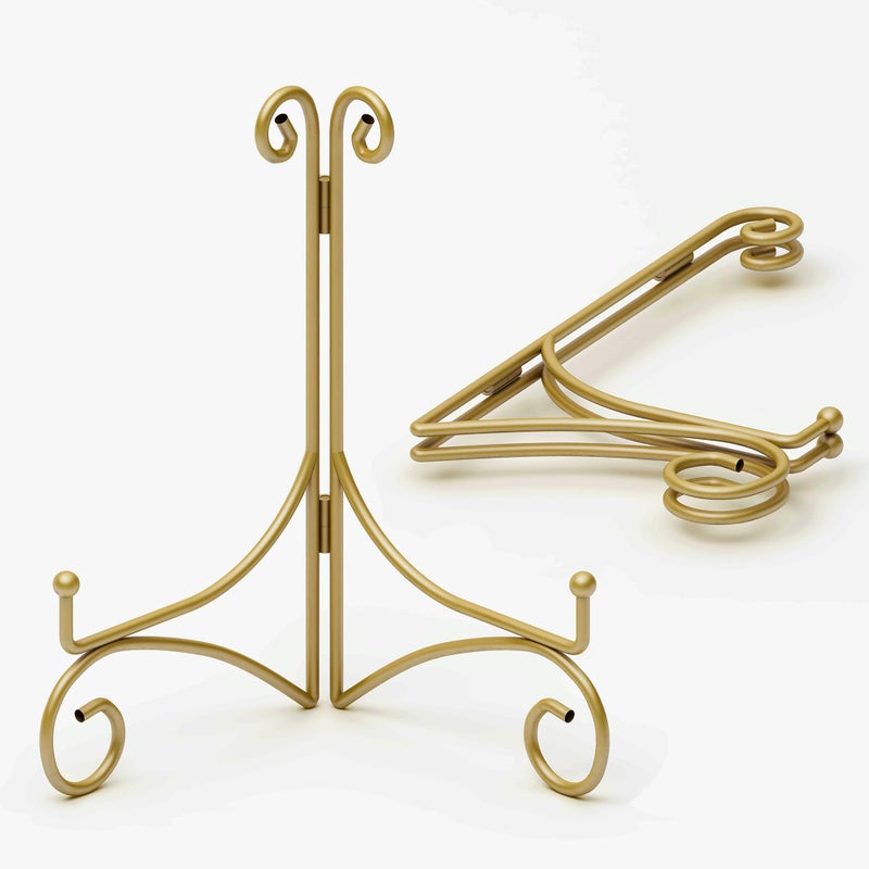 HEMYLU 10 Inch Display Plate Stand with Folding Design, Metal Plate Holder for Tables, Picture Easel for Home Decoration, Photo Frame Stand, 10'' Gold, 2-Pack - Image 1