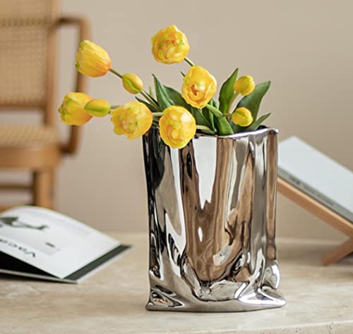 Silver Flower Vase 92 Inch Tall Minimalist Ceramic Vase Eclectic Flowerpot for Home Office Table Decor Housewarming Wedding Birthday Festival Gift