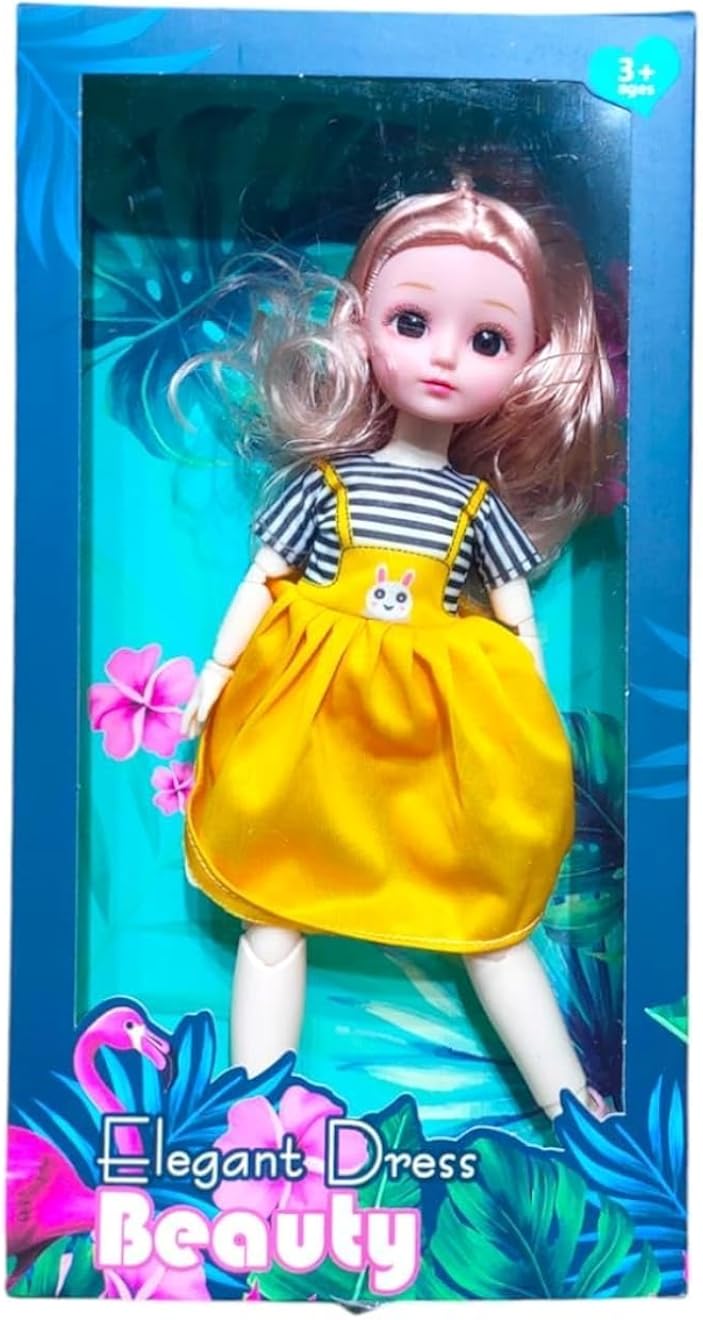 باير دمية أرنب أنيقة - شعر أصفر طويل - فستان أصفر مخطط 12 بوصة