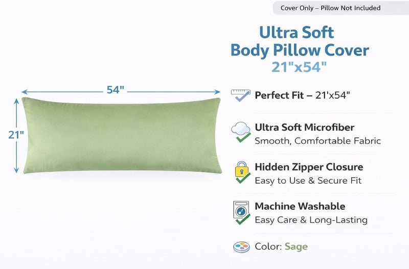EVOLIVE Ultra Soft Microfiber Body Pillow Cover/Pillowcases 21"x54" with Hidden Zipper Closure(21"x54" Body Pillow Cover, Sage) - Image 2