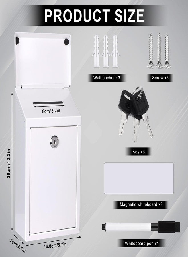 Mkhaslri Metal Donation Box Charity Steel Collection Box Office Suggestion Secure Mailbox with Top Slot and Lock with Keys Wall Mount Waterproof Mailbox for Home Office (White, 10.2 x 5.7 x 2.9 Inch) - Image 2