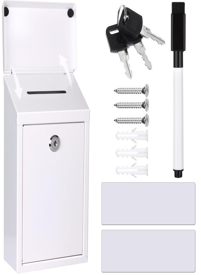 Mkhaslri Metal Donation Box Charity Steel Collection Box Office Suggestion Secure Mailbox with Top Slot and Lock with Keys Wall Mount Waterproof Mailbox for Home Office (White, 10.2 x 5.7 x 2.9 Inch) - Image 1