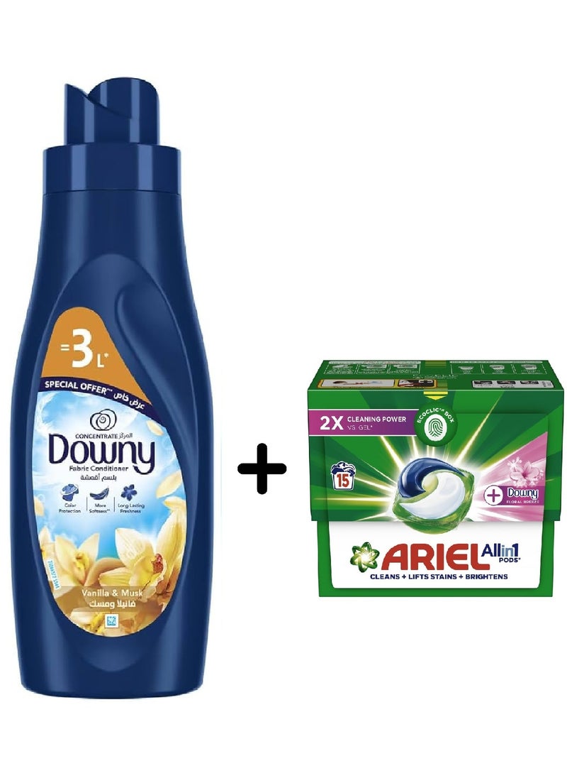Ariel Ariel Automatic Washing Machine Tablets with Downy Freshness 3 in 1 - 15 Tablets, Capsules, 0.44 kg + Downy Concentrated Fabric Conditioner Vanilla & Musk 1 L 
