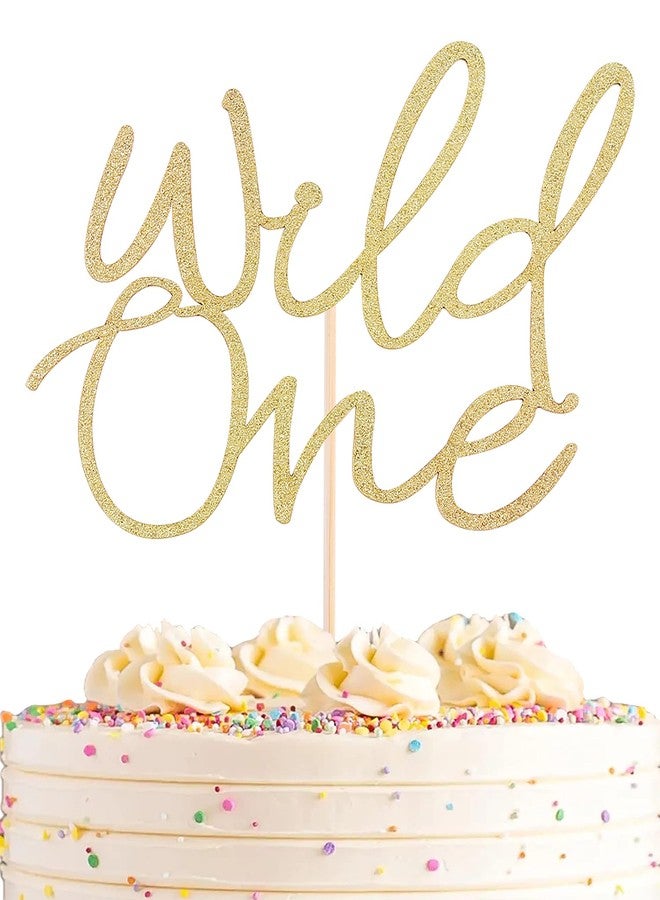 AHAORAY Wild One Cake Topper - Gold Glitter Paper Birthday Cake Decoration for 1st Birthday Party Cake - Baby's First Birthday Souvenir Party Photo Booth Props - Suitable for Baby Shower/Gender Reveal Party - Image 1