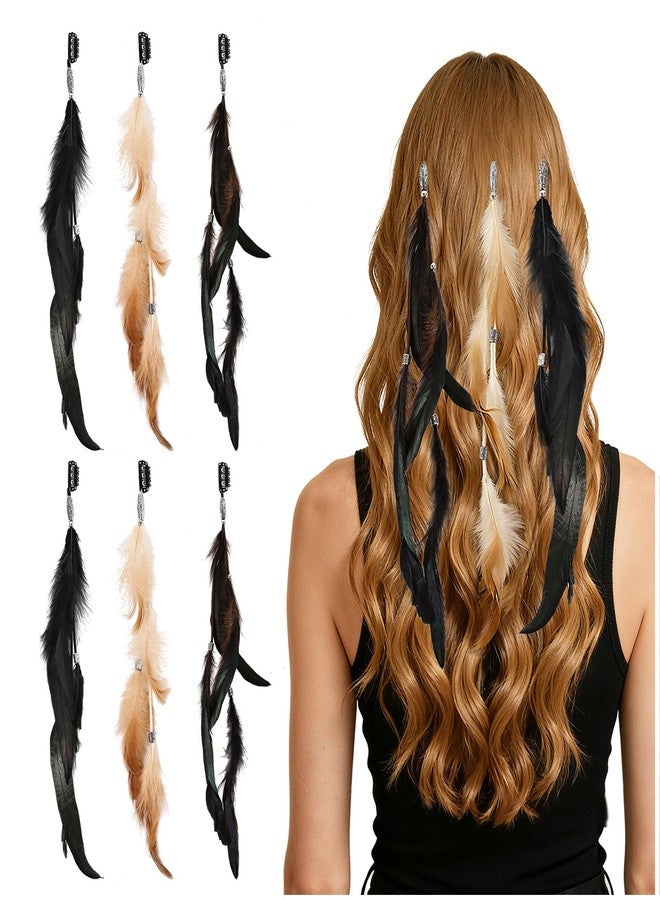 FeelfunFeather Feathers Hair Extensions for Women Boho Clip-in Hair Feather Accessories for Mardi Gras Performances Photo Shoots Carnival Party Headdress Accessory, Brown Black Dark Coffee(6 Pcs) - Image 1
