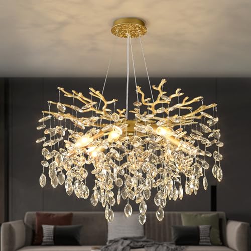EGM Gold Crystal Chandelier, 24-Inch Modern Raindrop Light Fixtures 8-Light, Hanging Round Gold Dining Room Crystal Chandelier, Tree Branch Chandeliers for Bedroom Foyer E12 - Image 1