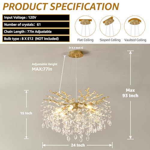 EGM Gold Crystal Chandelier, 24-Inch Modern Raindrop Light Fixtures 8-Light, Hanging Round Gold Dining Room Crystal Chandelier, Tree Branch Chandeliers for Bedroom Foyer E12 - Image 3