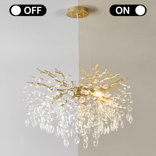 EGM Gold Crystal Chandelier, 24-Inch Modern Raindrop Light Fixtures 8-Light, Hanging Round Gold Dining Room Crystal Chandelier, Tree Branch Chandeliers for Bedroom Foyer E12 - Image 2