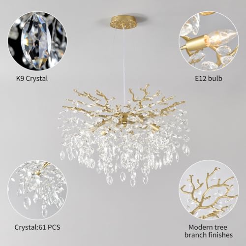 EGM Gold Crystal Chandelier, 24-Inch Modern Raindrop Light Fixtures 8-Light, Hanging Round Gold Dining Room Crystal Chandelier, Tree Branch Chandeliers for Bedroom Foyer E12 - Image 5