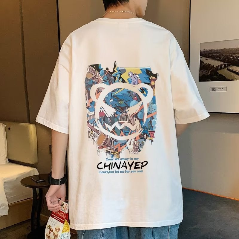 Short-Sleeved T-Shirt for Men in Summer Hong Kong Style Ins Trendy Brand Couple Wear Loose Devil Smiley Print Five-Point Half-Sleeved T-Shirt - Image 3