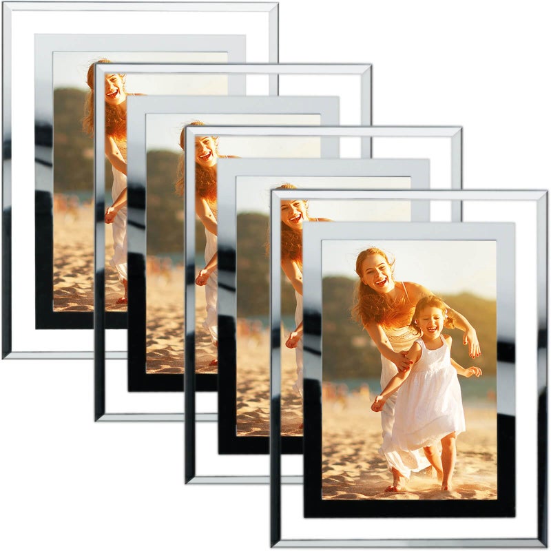 HIKWADERY 4x6 Picture Frames Silver - Set of 4  HD Real Glass 4 by 6 Photo Frame Mirrored Edge Great Gift  for Tabletop or Wall Display (4 x 6  Silver) - Image 1