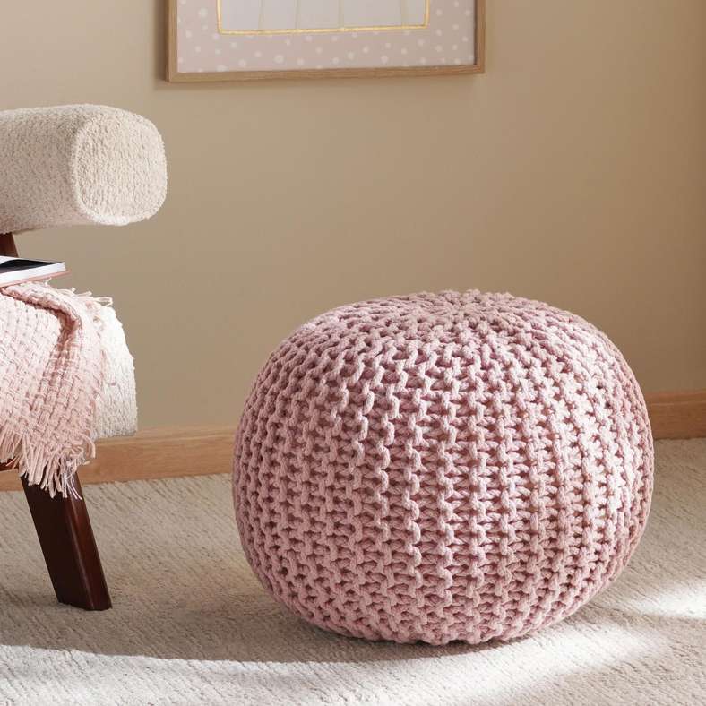 Pan Home Vivian Cable Knit Round Pouf in Pink