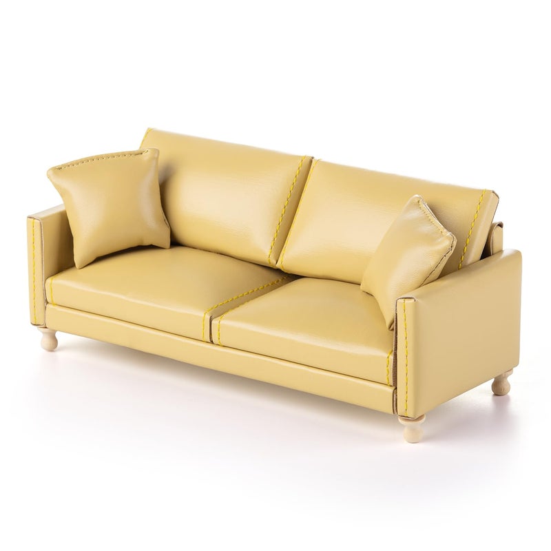 Minamzee112 Dollhouse Leather Couch Miniature Modern Double Sofa with Pillows Dollhouse Luxury Couch Furniture Accessories for Living Room Bedroom Yellow - Image 3