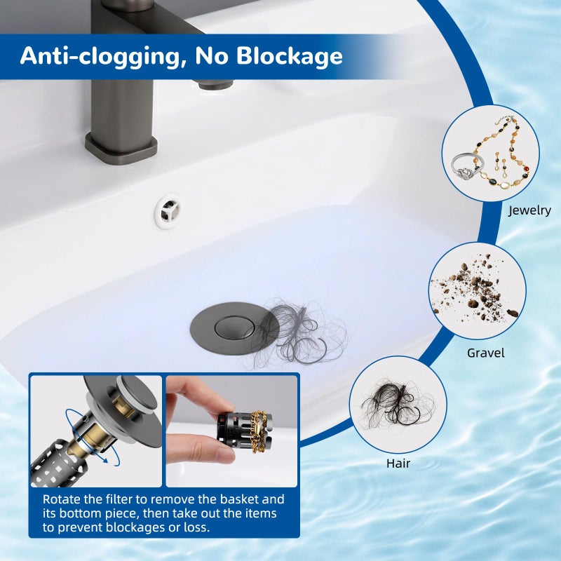 Hibbent Upgraded 3 in 1 Bathroom Sink Drain Strainer, Universal Pop Up Stopper with Removable Stainless Steel Filter Basket Hair Catcher, Sink Plug for 1.1''~2.36'' Basin, Brass Bullet Core, Grey - Image 2