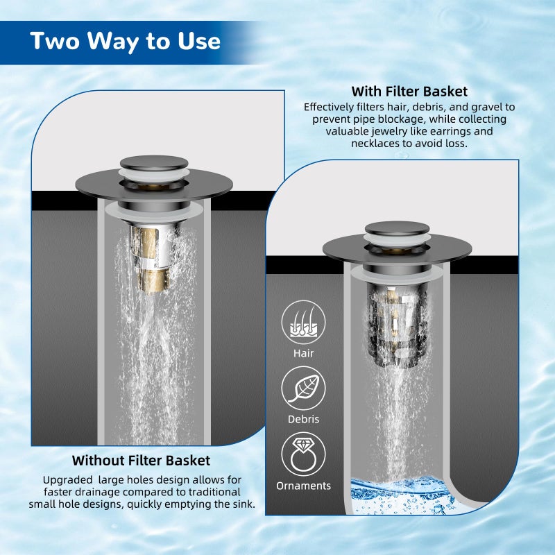 Hibbent Upgraded 3 in 1 Bathroom Sink Drain Strainer, Universal Pop Up Stopper with Removable Stainless Steel Filter Basket Hair Catcher, Sink Plug for 1.1''~2.36'' Basin, Brass Bullet Core, Grey - Image 3