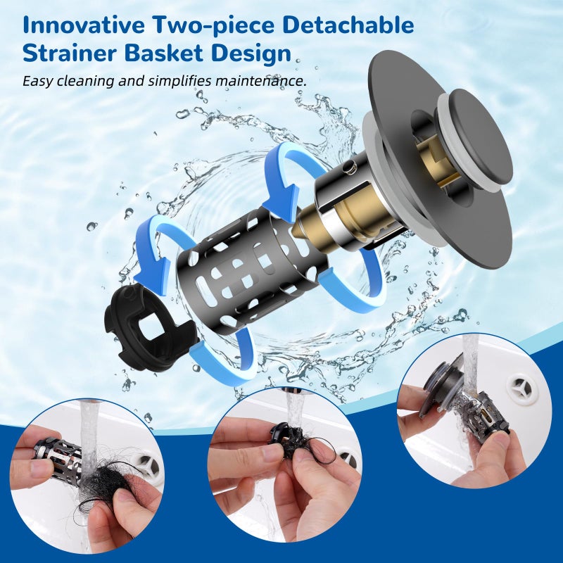 Hibbent Upgraded 3 in 1 Bathroom Sink Drain Strainer, Universal Pop Up Stopper with Removable Stainless Steel Filter Basket Hair Catcher, Sink Plug for 1.1''~2.36'' Basin, Brass Bullet Core, Grey - Image 4