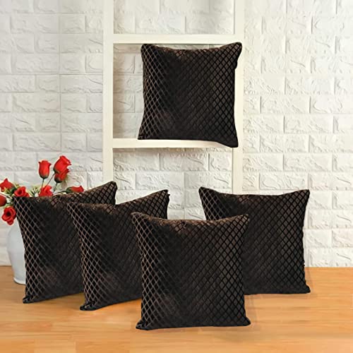 IM FAB ® Brown Velvet Self Check Design Cushion Cover,Set of 5 pcs (16 X 16 inchs or 40 x 40 cm) - Image 1