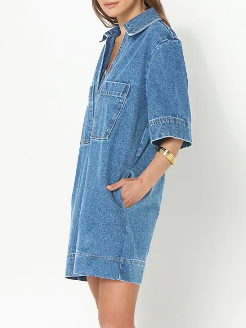 Fisoew Womens Denim Shirt Dress Summer Collared V Neck Mini Casual Jean Dresses with Pockets Light Blue - Image 2