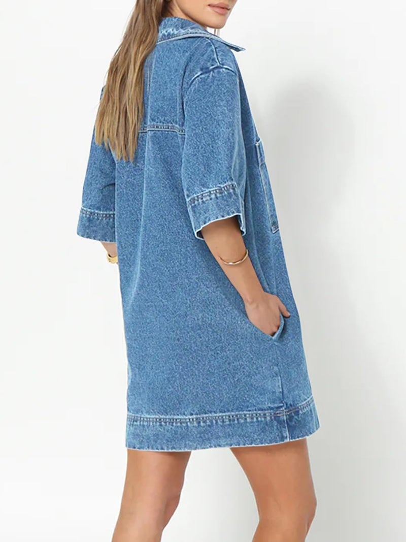 Fisoew Womens Denim Shirt Dress Summer Collared V Neck Mini Casual Jean Dresses with Pockets Light Blue - Image 3