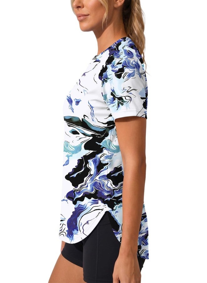 LOMON Swim Shirts for Womens Short Sleeve Workout Tops Quick Dry Moisture Wicking UV Sun Protection Rash Guard Hiking Tee Top Blue Print, X-Large - Image 4
