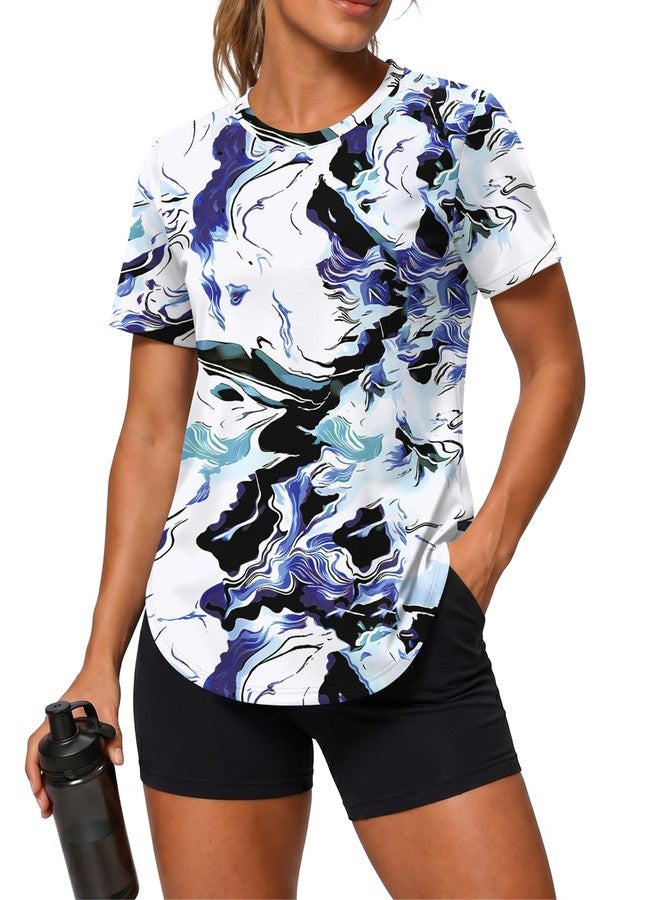 LOMON Swim Shirts for Womens Short Sleeve Workout Tops Quick Dry Moisture Wicking UV Sun Protection Rash Guard Hiking Tee Top Blue Print, X-Large - Image 5