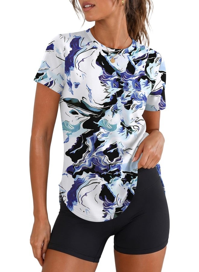 LOMON Swim Shirts for Womens Short Sleeve Workout Tops Quick Dry Moisture Wicking UV Sun Protection Rash Guard Hiking Tee Top Blue Print, X-Large - Image 1