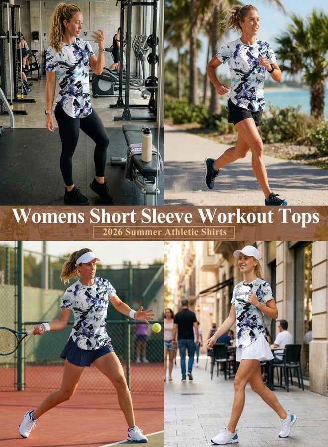 LOMON Swim Shirts for Womens Short Sleeve Workout Tops Quick Dry Moisture Wicking UV Sun Protection Rash Guard Hiking Tee Top Blue Print, X-Large - Image 2
