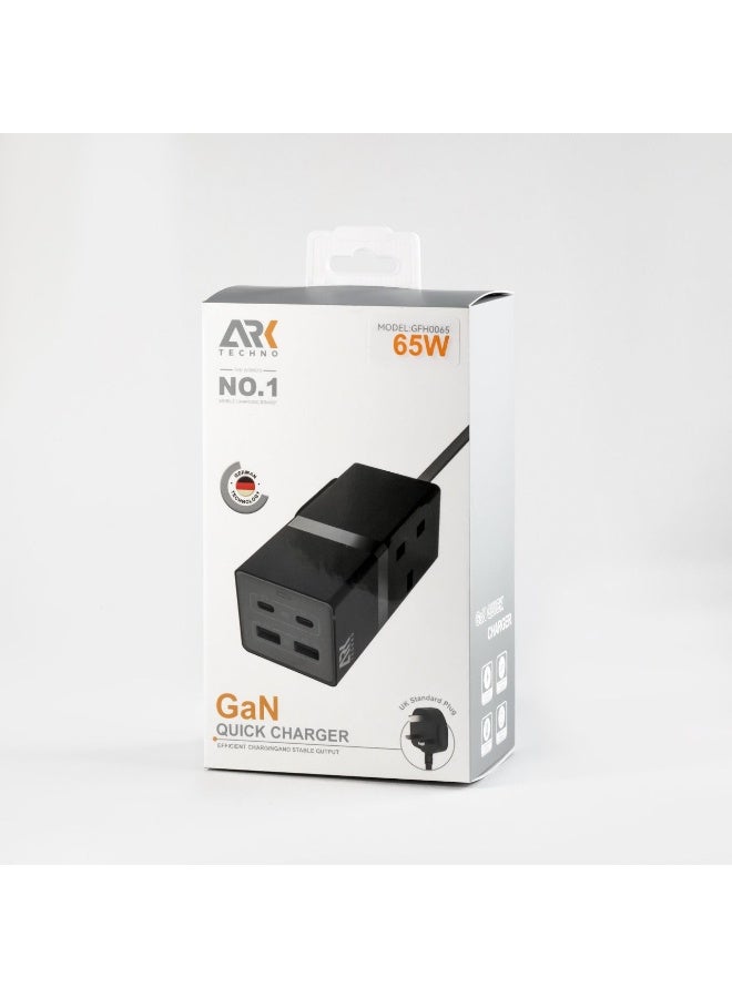 ARKTechno 65W GaN Quick Charger, 4-Port USB C Power Adapter (2x USB-C PD, 2x USB-A QC), UK Plug, Fast Charging Block for MacBook, Laptop, iPhone 15/14/13, Samsung Galaxy, iPad, Switch - Model GFH0065 - Image 1