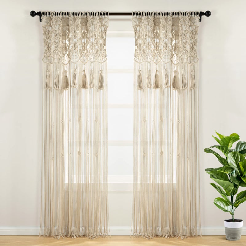 Lush Decor Boho Macrame Tassel Cotton Window Curtain Panel Single 40" W x 84" L Neutral - Macrame Curtains for Windows - Room Divider - Boho Wall Decor - Image 1