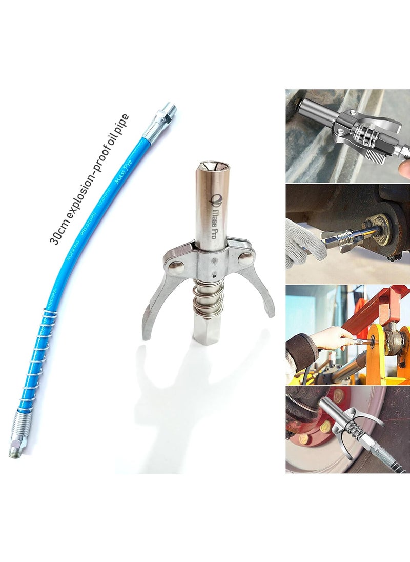 Mass Pro - Mass Pro Grade 10000 PSI Grease Gun Coupler with Quick Release and 12 Spring Flex Hose HeavyDuty Metal Construction Compatible with All Grease Guns 18 NPT Fitting - Image 1