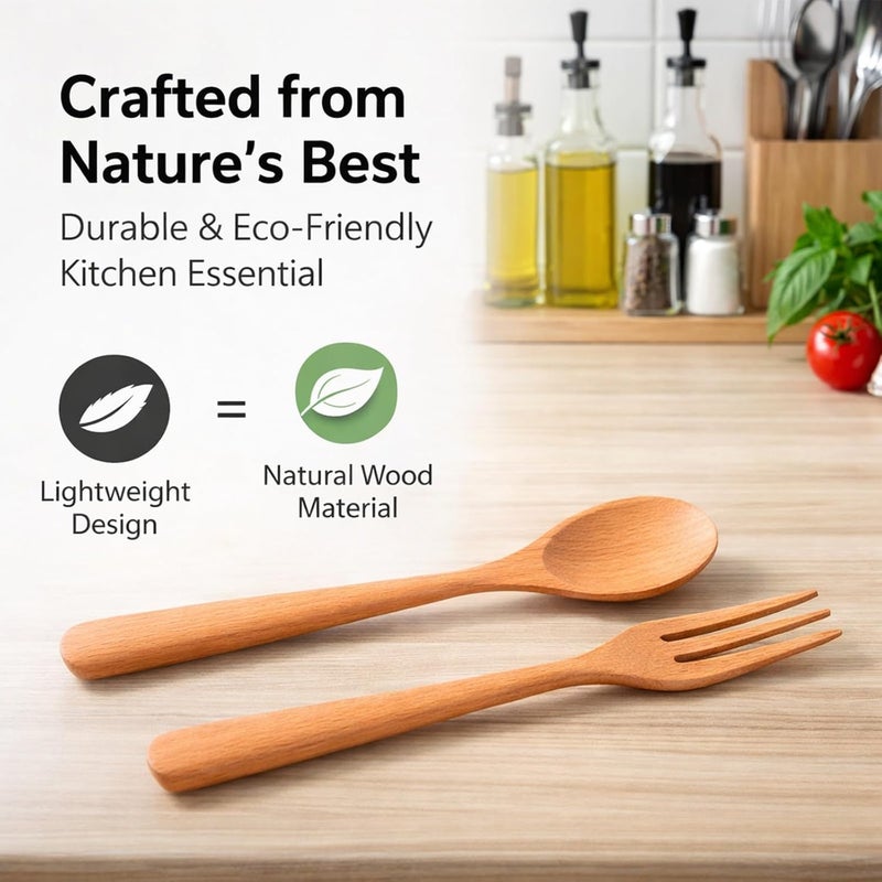 Heat Wood Kitchen Utensil Set, 2Pcs Durable Fork and Spoon for Home, Restaurant, Office - Free, Easy to Clean, Safe Cooking Tools (Set of beech wood spoons and forks) - Image 2