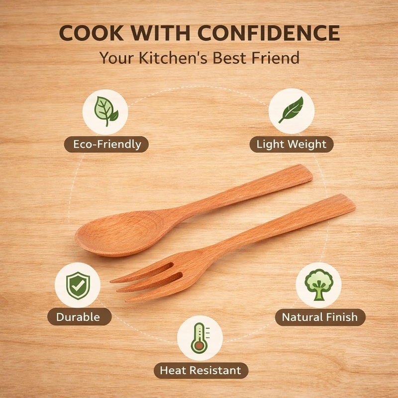Heat Wood Kitchen Utensil Set, 2Pcs Durable Fork and Spoon for Home, Restaurant, Office - Free, Easy to Clean, Safe Cooking Tools (Set of beech wood spoons and forks) - Image 3