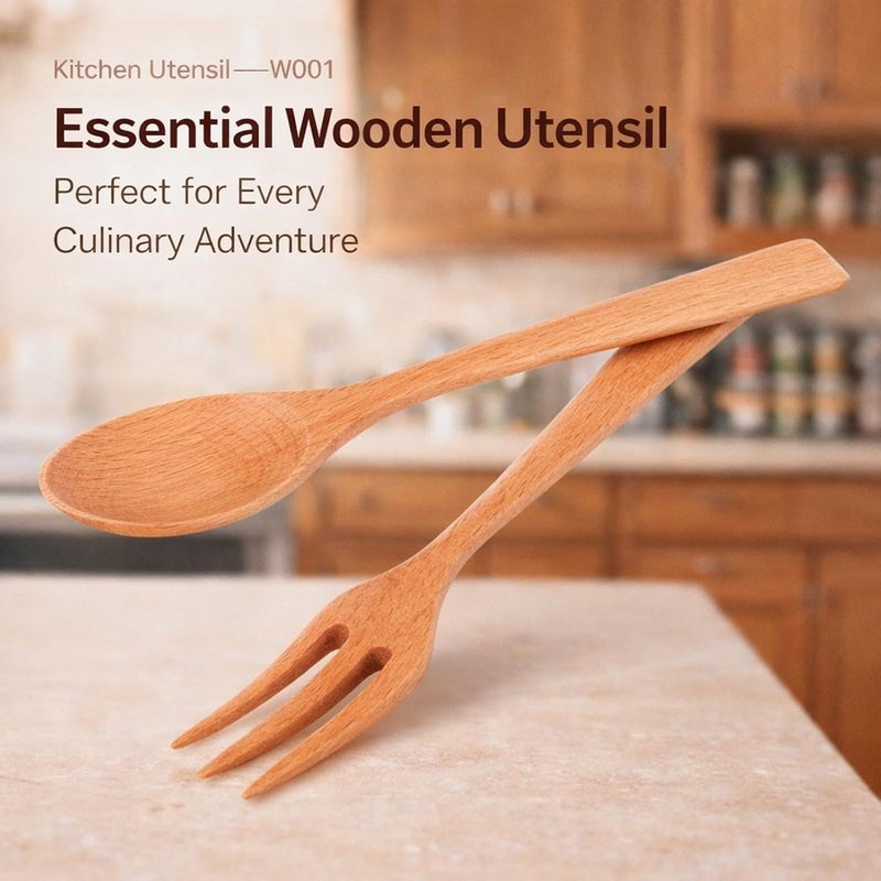 Heat Wood Kitchen Utensil Set, 2Pcs Durable Fork and Spoon for Home, Restaurant, Office - Free, Easy to Clean, Safe Cooking Tools (Set of beech wood spoons and forks) - Image 1