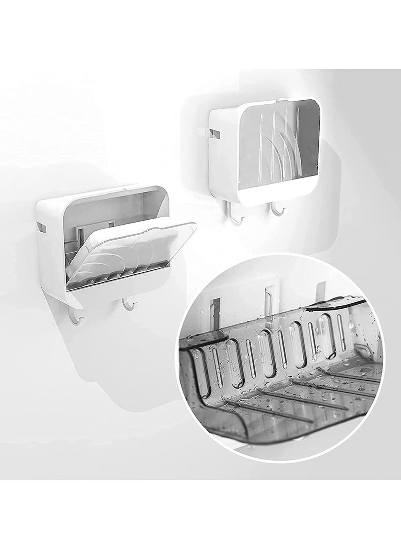 Bar Soap Holder for Shower with Lid Dish 2 Hooks Bathroom Waterproof Wall Mounted Box Drainer to Keep Bars Dry Clean Adhesive No Drilling - Image 1