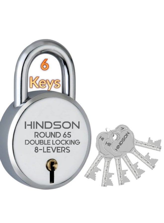 HINDSON Round 65mm Padlock | Heavy Duty Metal Body Lock | Double Locking | 8 Steel Levers | 6 Silver Keys with Keychain | Silver Finish | Home Improvement | Made in India - Image 1
