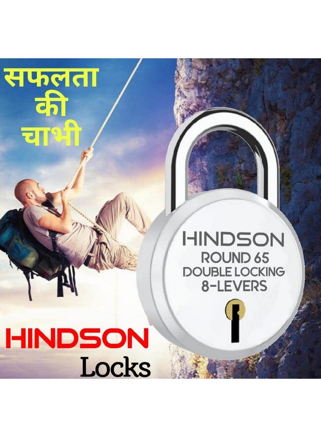 HINDSON Round 65mm Padlock | Heavy Duty Metal Body Lock | Double Locking | 8 Steel Levers | 6 Silver Keys with Keychain | Silver Finish | Home Improvement | Made in India - Image 3