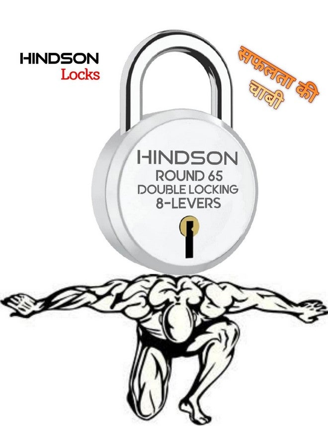 HINDSON Round 65mm Padlock | Heavy Duty Metal Body Lock | Double Locking | 8 Steel Levers | 6 Silver Keys with Keychain | Silver Finish | Home Improvement | Made in India - Image 2