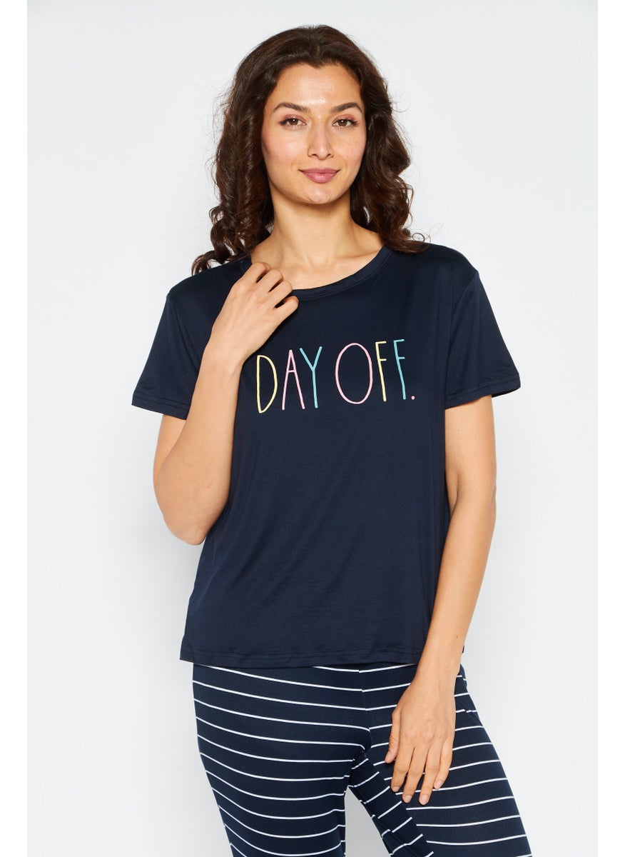 Rae Dunn - Women 2 Pieces Printed Top And Stripe Jogger Pants Set, Navy - Image 1