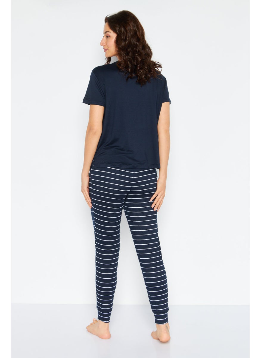 Rae Dunn - Women 2 Pieces Printed Top And Stripe Jogger Pants Set, Navy - Image 1