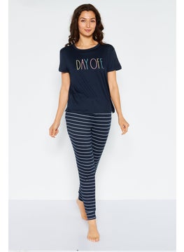 Women 2 Pieces Printed Top And Stripe Jogger Pants Set, Navy