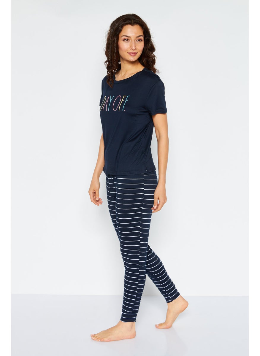 Rae Dunn - Women 2 Pieces Printed Top And Stripe Jogger Pants Set, Navy - Image 1