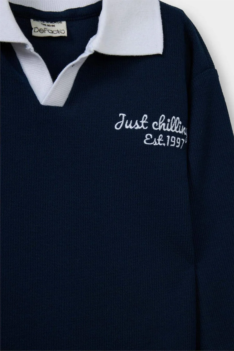 ديفاكتو Baby Boy Printed Shirt Collar Waffle Sweatshirt