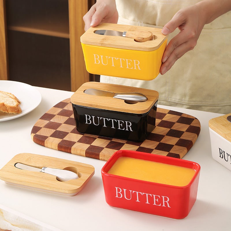 Ceramic Butter Box With Matcha Knife Rectangular Household Cheese Preservation Sealed Jar Butter Ceramic Storage Box - Image 3
