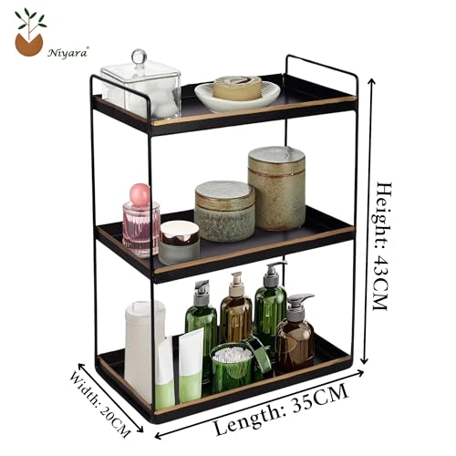 Niyara Iron Metal Heavy Duty Stand 3-Tier multistorage/Multipurpose Standing Rack, Bathroom Countertop Storage Shelf Cosmetic Organizer Holder Kitchen Spice Rack, (Square Black With Golden) - Image 4