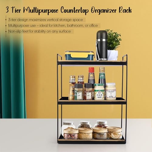 Niyara Iron Metal Heavy Duty Stand 3-Tier multistorage/Multipurpose Standing Rack, Bathroom Countertop Storage Shelf Cosmetic Organizer Holder Kitchen Spice Rack, (Square Black With Golden) - Image 2