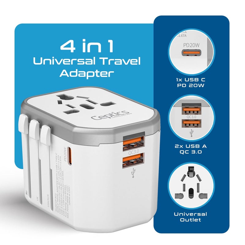 Ceptics 4 in 1 Universal Travel Adapter with Type C - Universal Plug Socket, USB QC 3.0-20W USB-C International Travel Adapter with Lifetime Limited Warranty, Worldwide Travel Adapter, White - Image 2